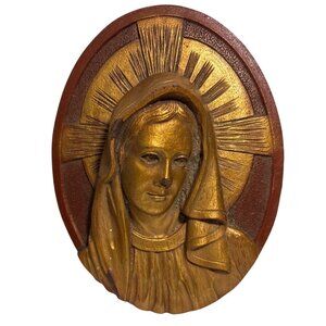 Vintage Mother Mary Gold Toned Carved Resin 3D Wall Plaque 7"